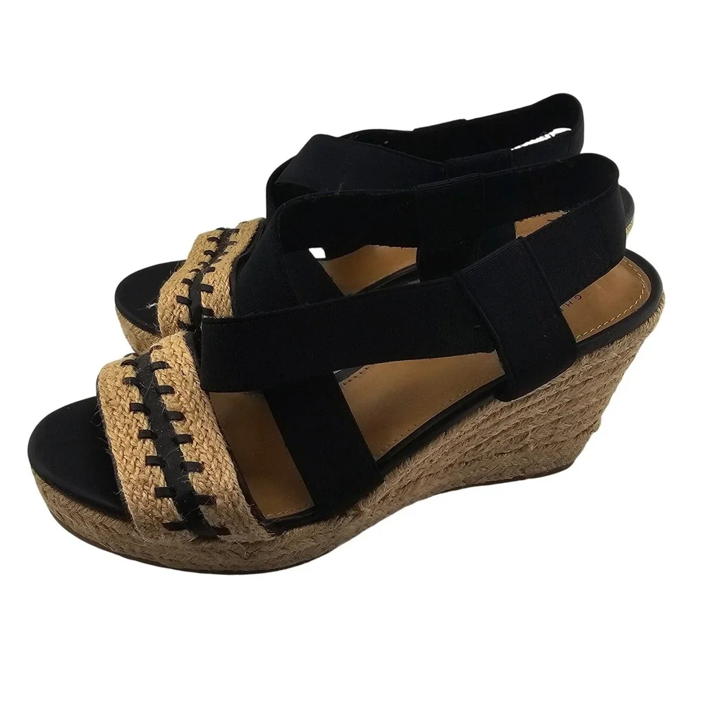G.H. Bass & Co. Rylee Wedge Sandals Espadrille Platform Criss Cross Black Straps